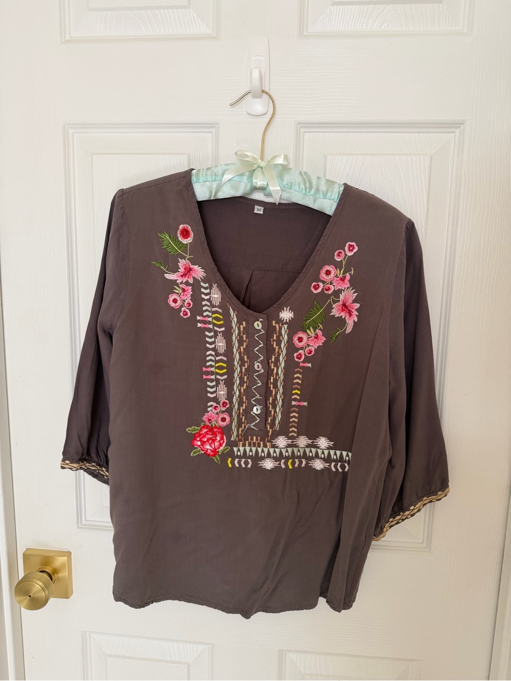 Embroidered V-Neck Women's Top in Charcoal with Pink Floral Accents